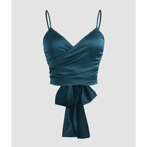 Sz 8 NWT Cider Wrap Blouse Blue Satin Cross Front Tie Back Crop Tank Top